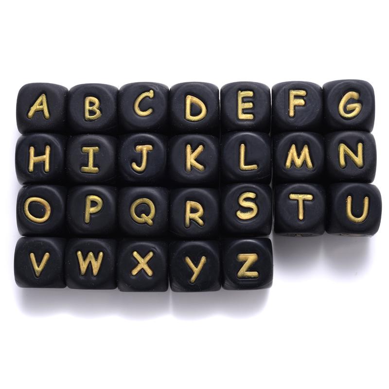12mm 10Pcs Silicone Black+Gold Letters Beads English Alphabet Letter Beads for Baby Teething Teethers Shower Gifts BPA Free