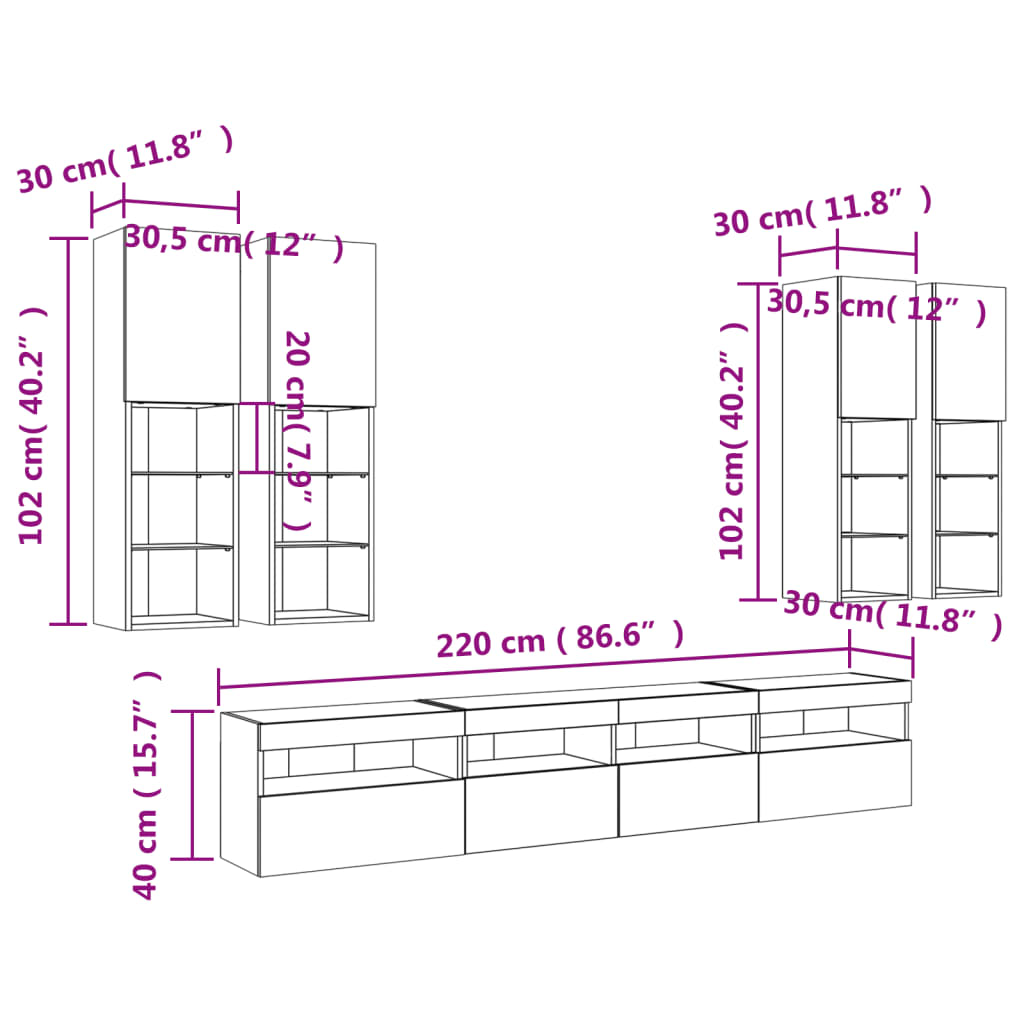 7 Piece TV Wall Unit with RGB LED Lights White