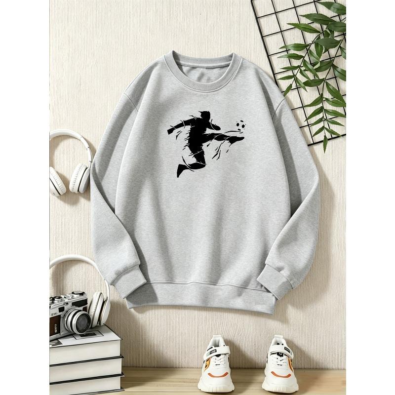 European Sizes Kids' Casual Crew Neck Long Sleeve Sweatshirt, Popular Football Graphic Print, Suitable for Daily Casual, Sports, and Street Outings
