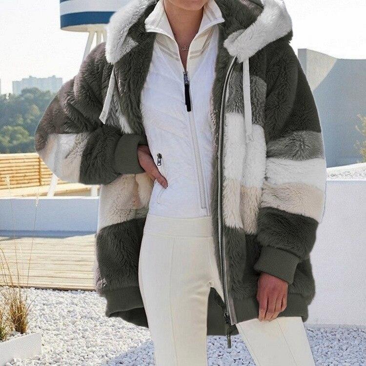 Winter Thickening Warm New Fashion Women Jacket Stitching Plaid Ladies Coats Casual Hooded Loose Plush Zipper Ladies Clothes