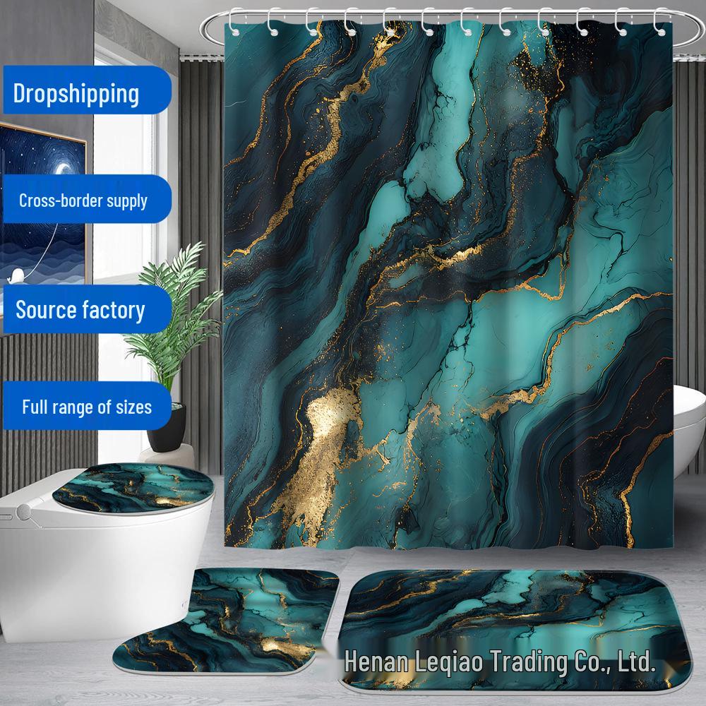 Elegant Marble Bathroom Set: Shower Curtain, Non-Slip Bath Mat, Toilet Lid Cover, Bathroom Mat & 12 Plastic Hooks.