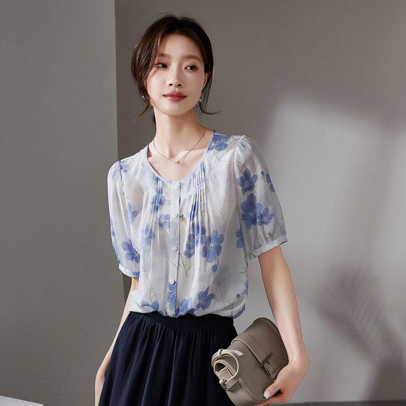 SOFSIL Women s Botanical Print Mulberry Silk Shirt S светло-синий