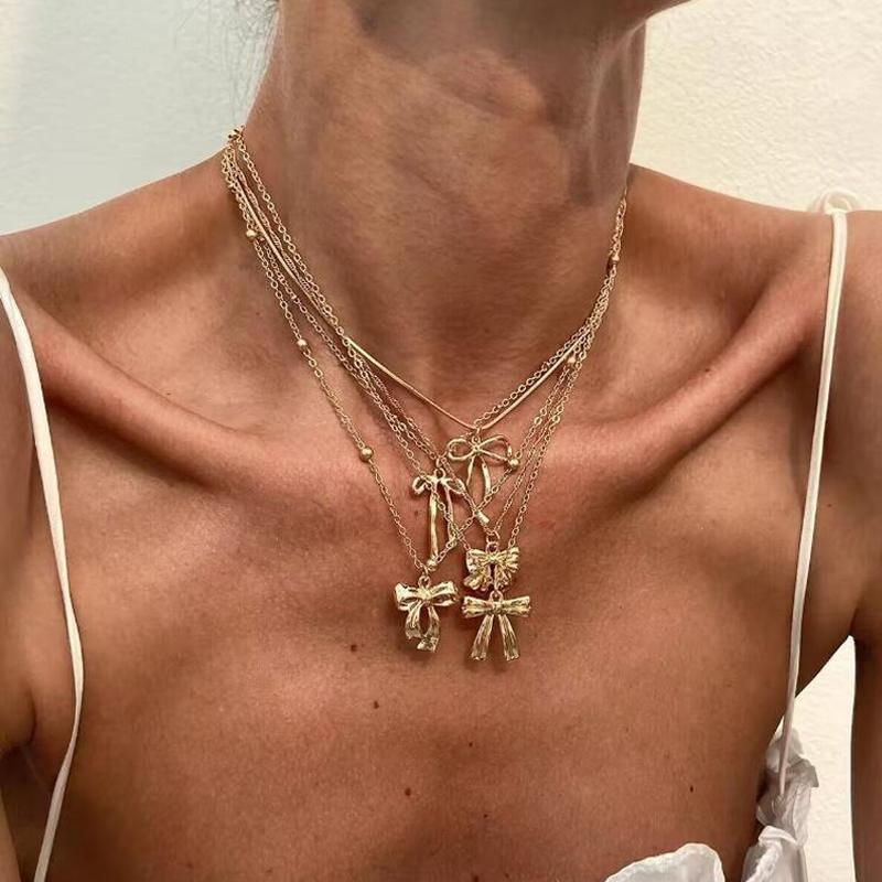 5pcs Fashion Elegant Bowknot Design Necklace Set for Women Vintage Simple Multi-Layer Tassel Pendant Necklaces Holiday Jewelry