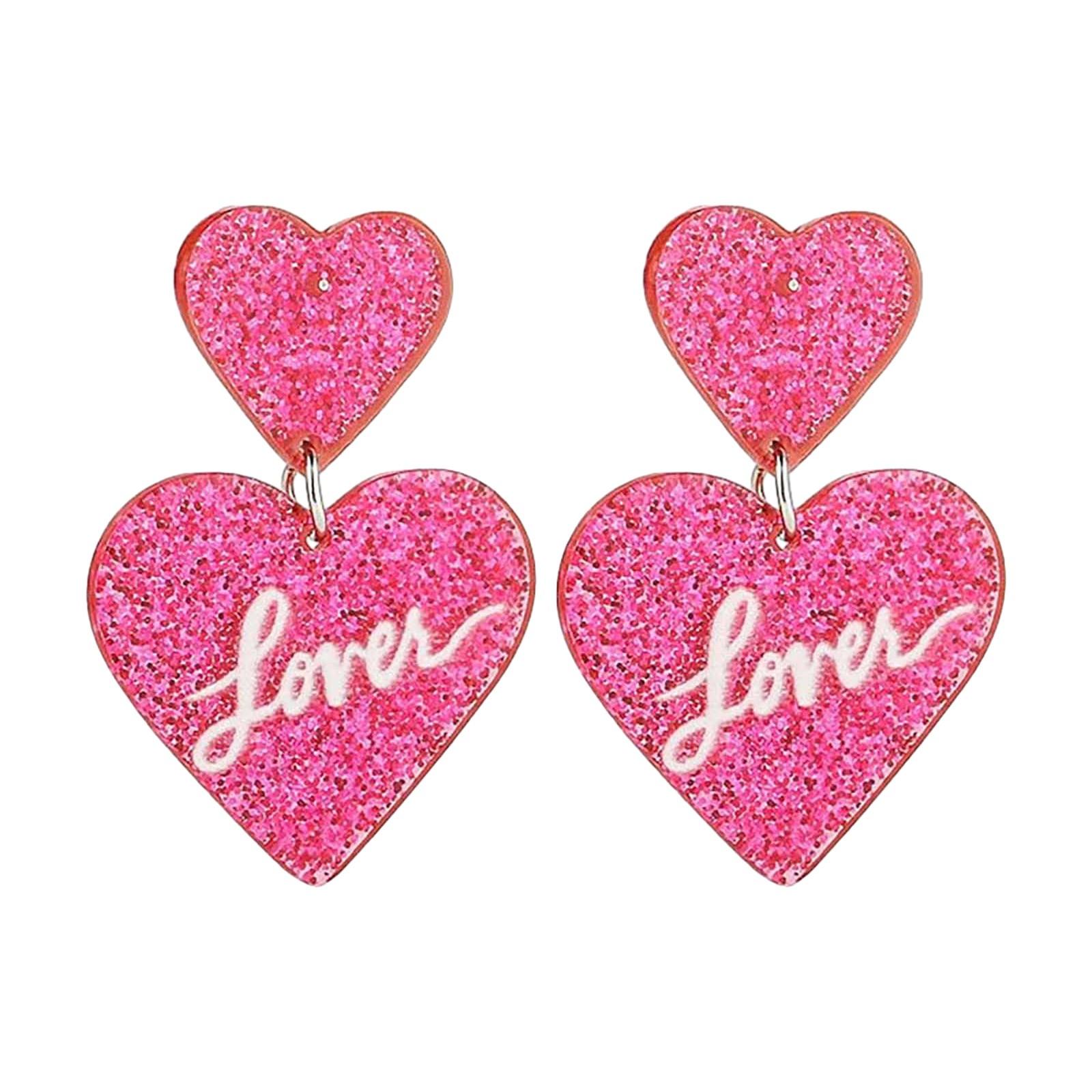 

Dangle Heart Shaped Earrings with Glitter Finish and Script Lettering Lightweight Fashion Jewelry for Women and Teens One Size