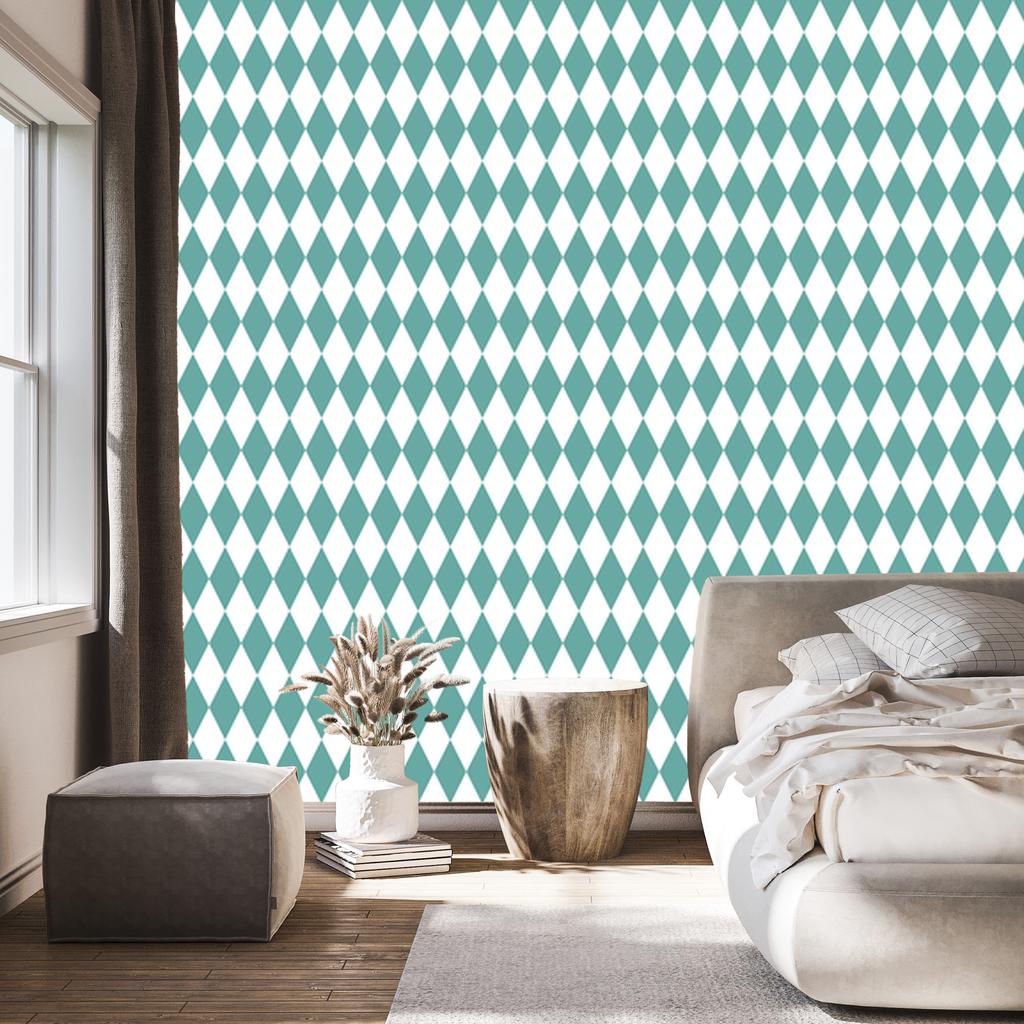 Harlequin Diamonds Wallpaper White and Teal for Living Room and Bedroom 50x1000
