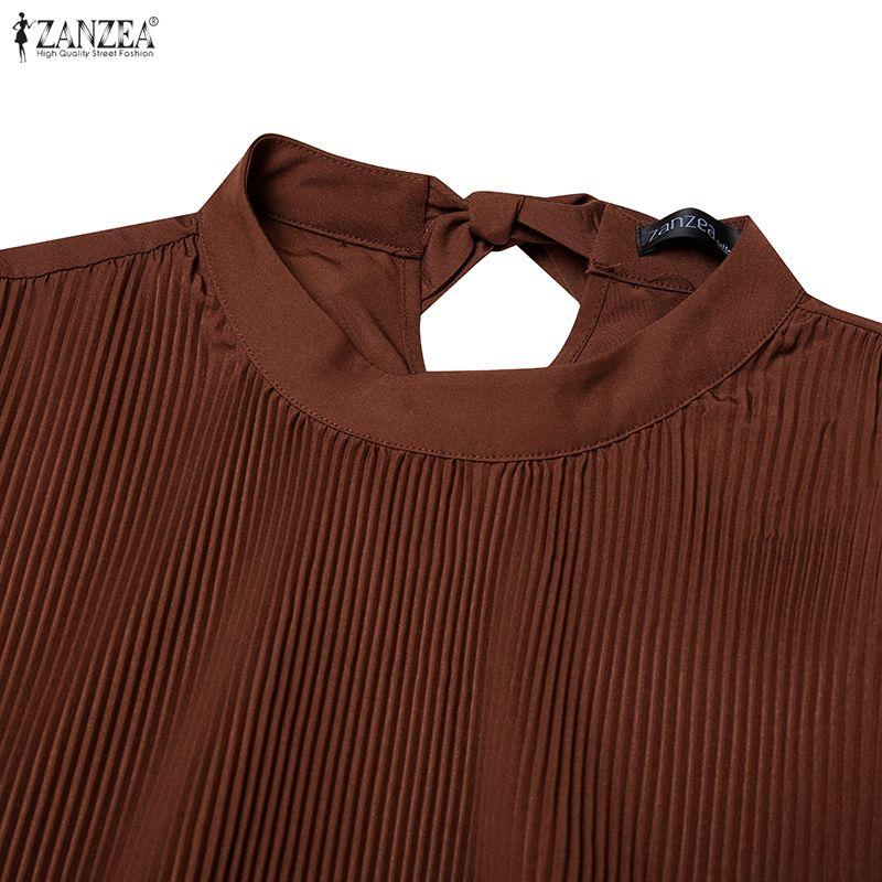 ZANZEA Women Casual Round Neck Loose Long Sleeve Pleated Long Dress