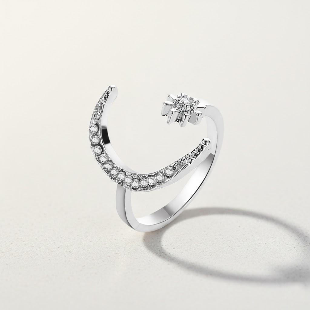 

Classic Crescent Moon Star Diamond Crystal Open Rings Women Engagement Bridal Wedding Jewelry Fashion Accessories серебряный