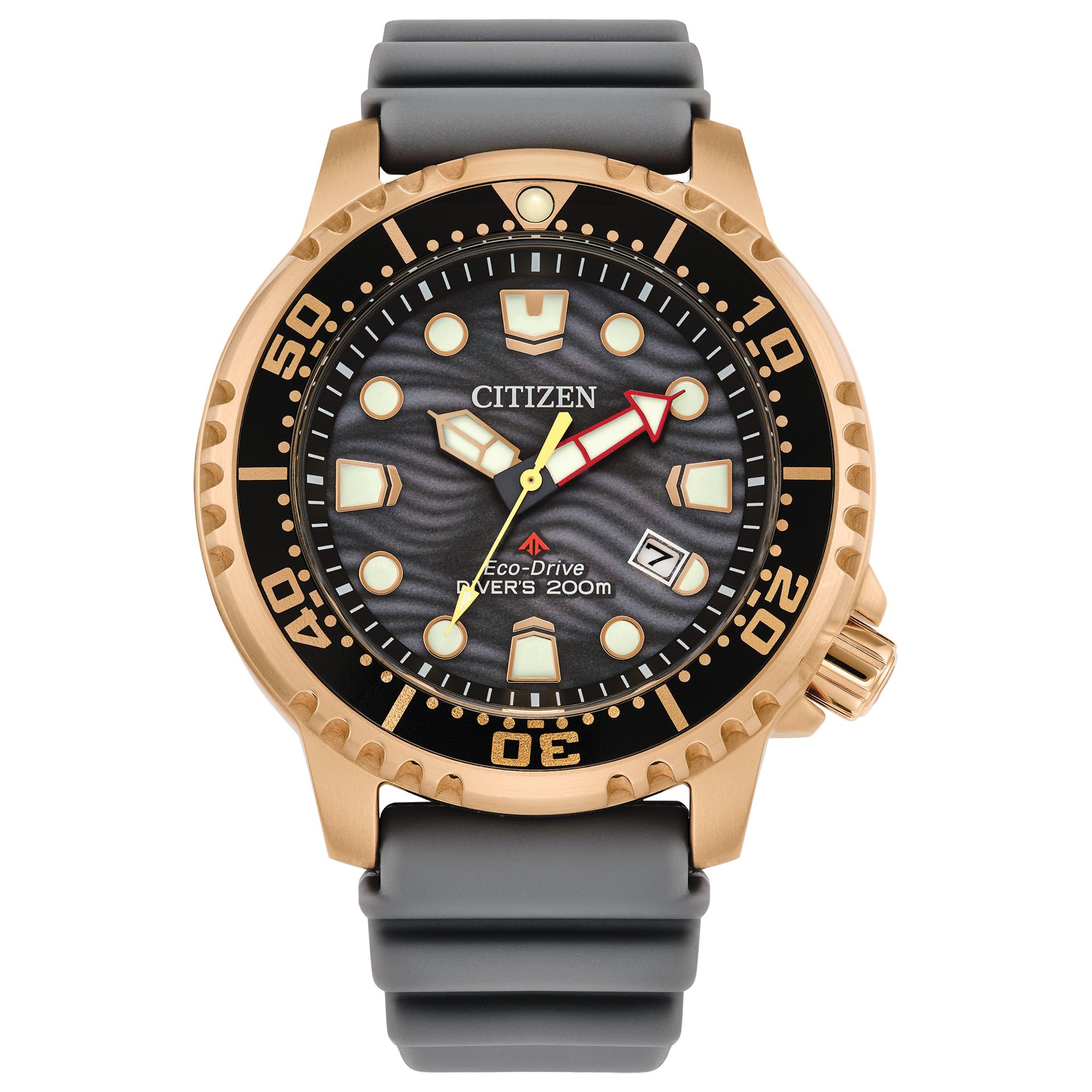 

Citizen Promaster Dive 3 Date ISO Luminous Hands and Rotating Modern Design Eco-Drive Watch, Hands, Display, Certified, Markers, Bezel, Gray/Rose