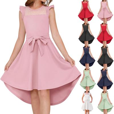 Girls Fashion Pleated Sleeve Mesh Casual Party Dress Belt With Pockets Solid Color Dresses