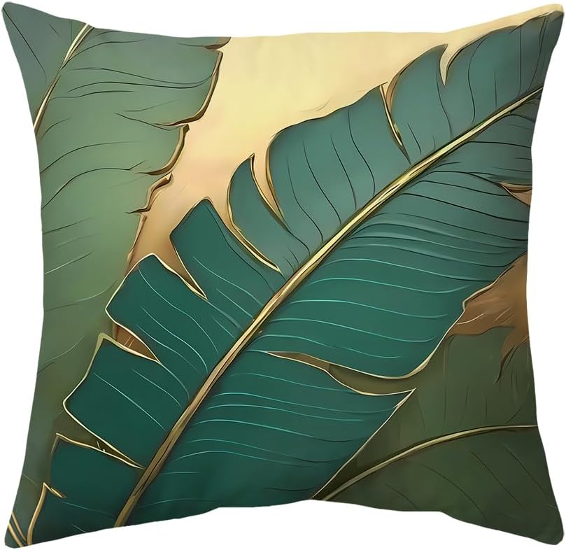 4Pcs Gold Green Leaf Cushion Covers, Modern Botanical Pillow Cases For Sofa Bedroom Living Room Home Decor 45X45Cm