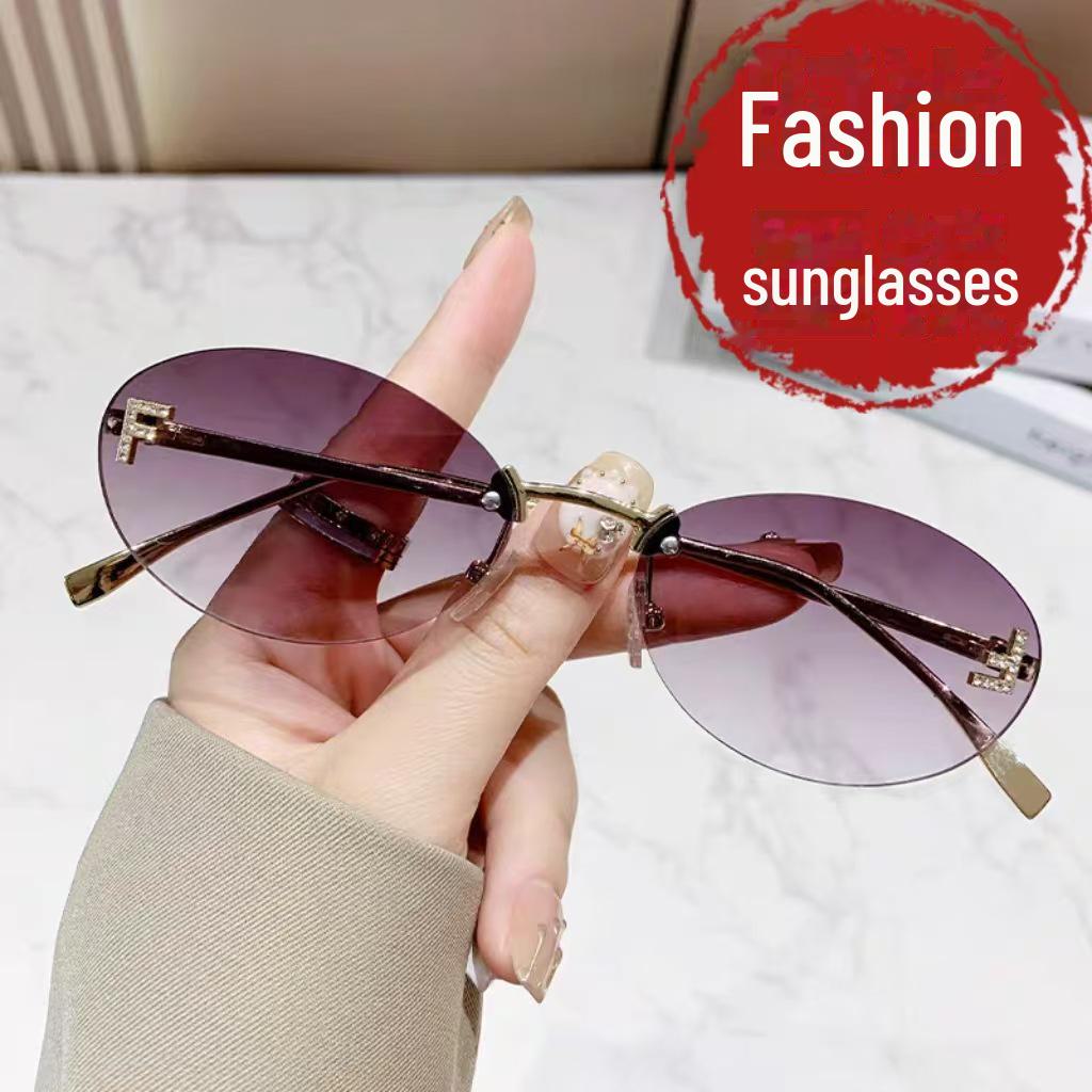 Trendy Oval Frameless Sunglasses with Diamond Accents