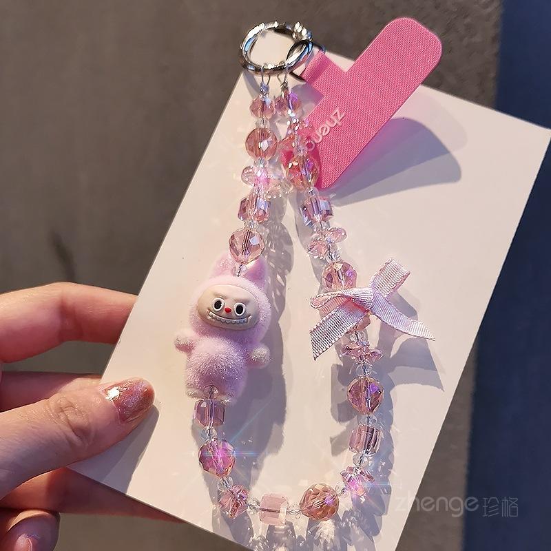 

Mobile phone lanyard flocking elf doll bow crystal bracelet female ins cartoon cute beaded pendant short [pink]+pink long clip