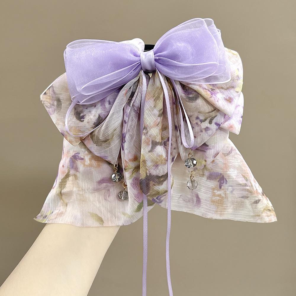 French Gauze Bow Claw Clip with Pendant - Multi-color Girls  Hair Styling Accessory