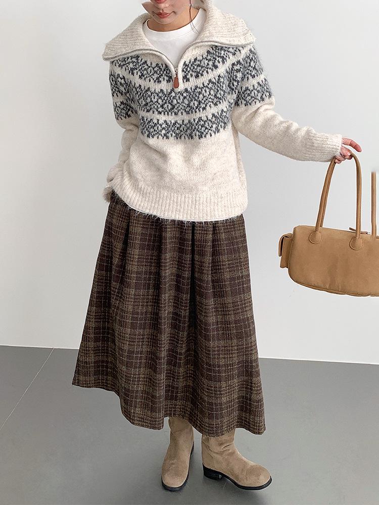 Ou Fan Retro Plaid Woolen Pleated A-line Skirt with Elastic Waist for Autumn/Winter
