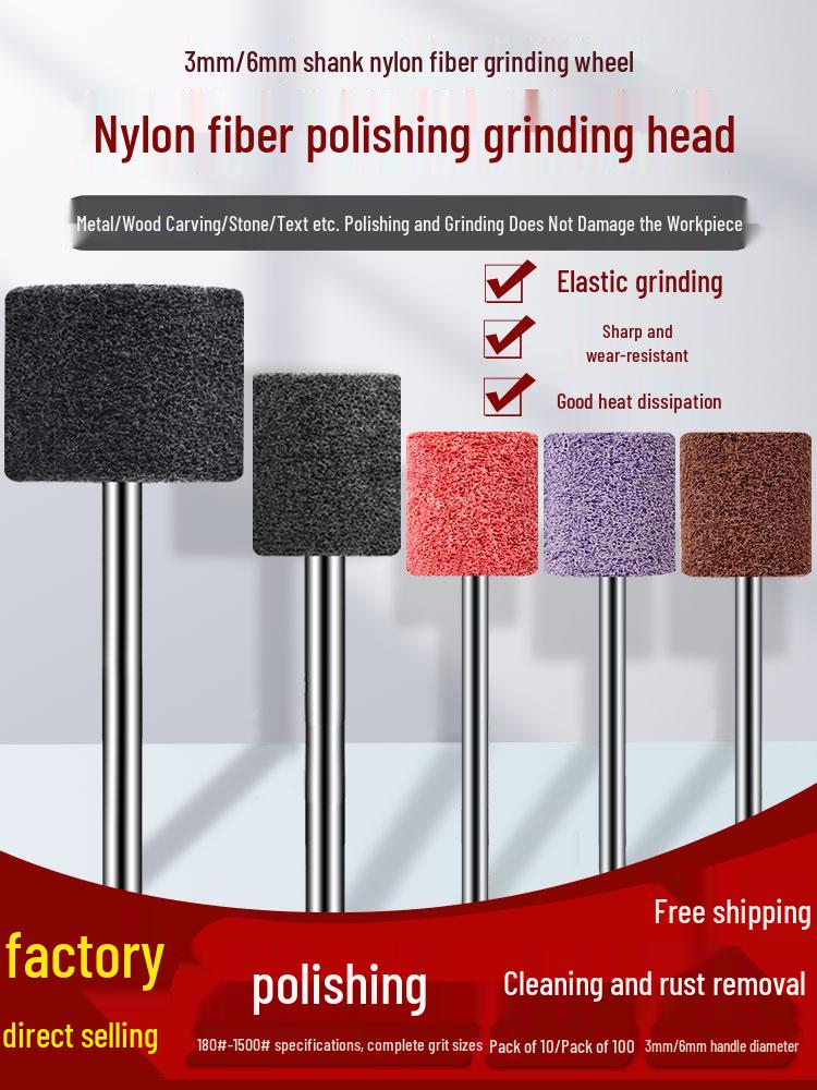 Nylon Fiber Polishing Wheel with Stainless Steel Wire, 3/6mm Shank for Electric Drill/Grinder, Pneumatic Grinding Head.