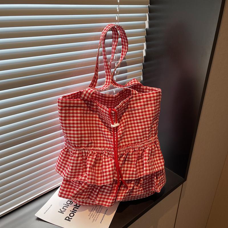 Casual Plaid Ruffle Design Shoulder Bags for Women High Capacity Ladies Tote Bag College Style Girls Drawstring Shopping Handbag