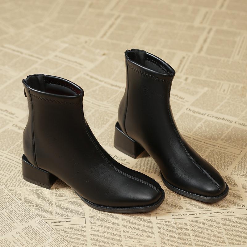 Coarse Heel Fleece Short Boots Women's Spring and Autumn Single Boots French Skinny Boots Martin Pointed Boots Women's Boots