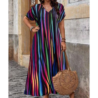 Spring and Summer Striped Print Dresses with Slit Hem Large Size Women's Dresses