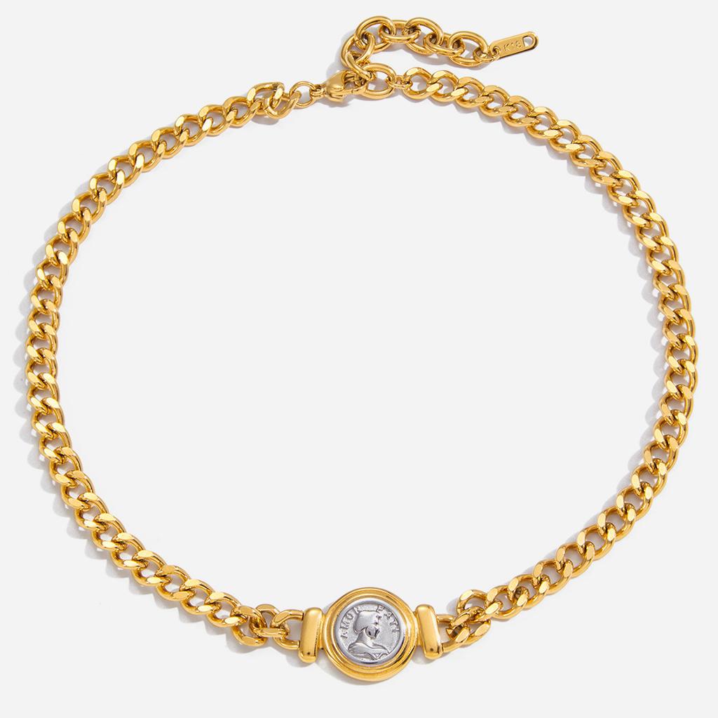 Design sense Classic style 18K gold, gold and silver color matching portrait coin lettering round pendant necklace