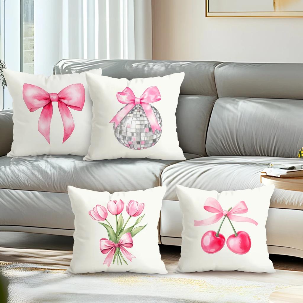 4 Pcs Pink Bow Single-Sided Printed Pillowcase Cushion Cover,Suitable For Living Room,Bedroom,Car Decoration