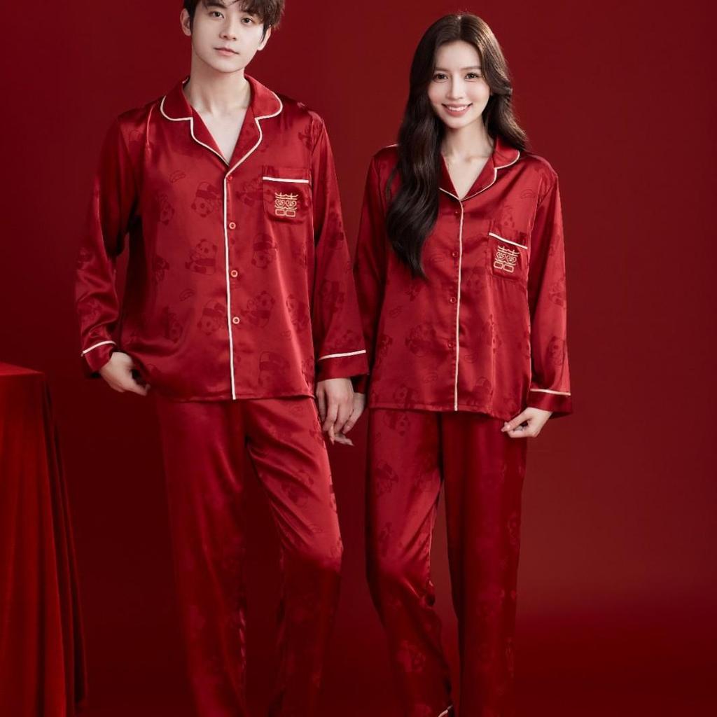 Bright Red Spring-Autumn Panda Jacquard Wedding Pajamas Set for Couples – Festive Plus Size Homewear for Men and Women