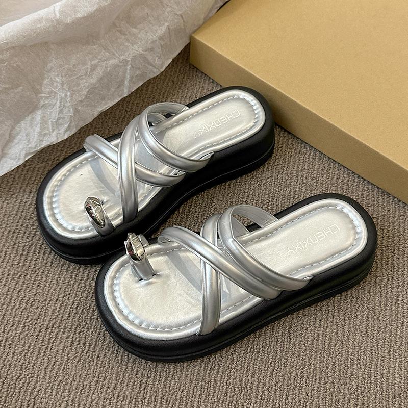 Fashion Female Sandal Comfort Shoes for Women With Heel Cross 2025 Summer Muffins shoe Girls Beige New Velvet Thick Low Beach Fash