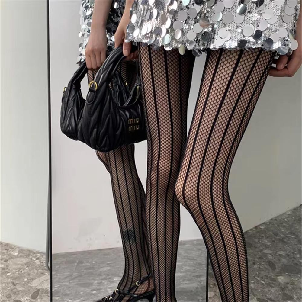 Sexy Women'S Striped Fishnet Tights New Black Pantyhose Hollowed Floral Thigh High Stockings Summer Mesh Nylon Hosiery Lingerie