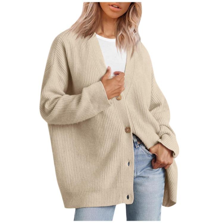 Oversized V Neck Lightweight Women Cardigan Front Button Loose Knitted Sweater Jacket