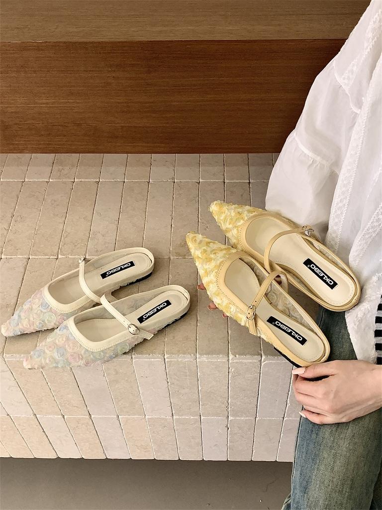 Gentle Wind Mary Jane Baotou Slippers Women'S One-Word Button Pointed Versatile Half Slippers Summer