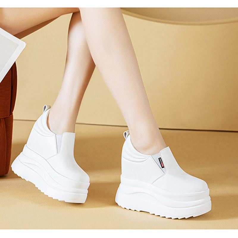Super High Height Increasing Shoes 13cm Genuine Leather Women Flat Platform Black White Shoes Brand Ladies Casual Shoes Small Size 33