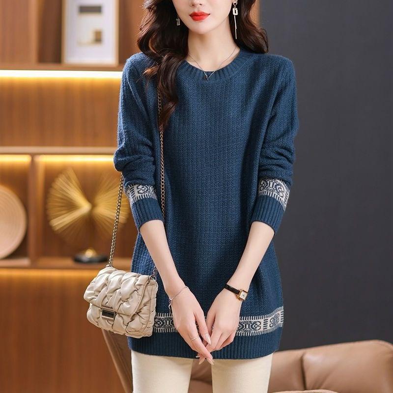 Mid-length Sweater Women's Autumn and Winter Loose Large-sized Pullover Top Versatile Round-neck Long-sleeved Knitted Sweater