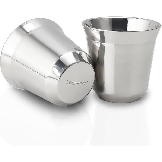 Easyworkz Stainless Steel Espresso Cup 2pcs Set Double Wall Insulated Metal Demitasse Cups 2.5 oz 2.5 oz