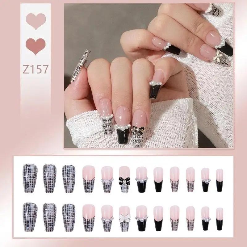 Press On Acrylic Fake Nails Set with Glue High Quality Handmade Nail Extension French Tips Woman False Short Nails Press Ons