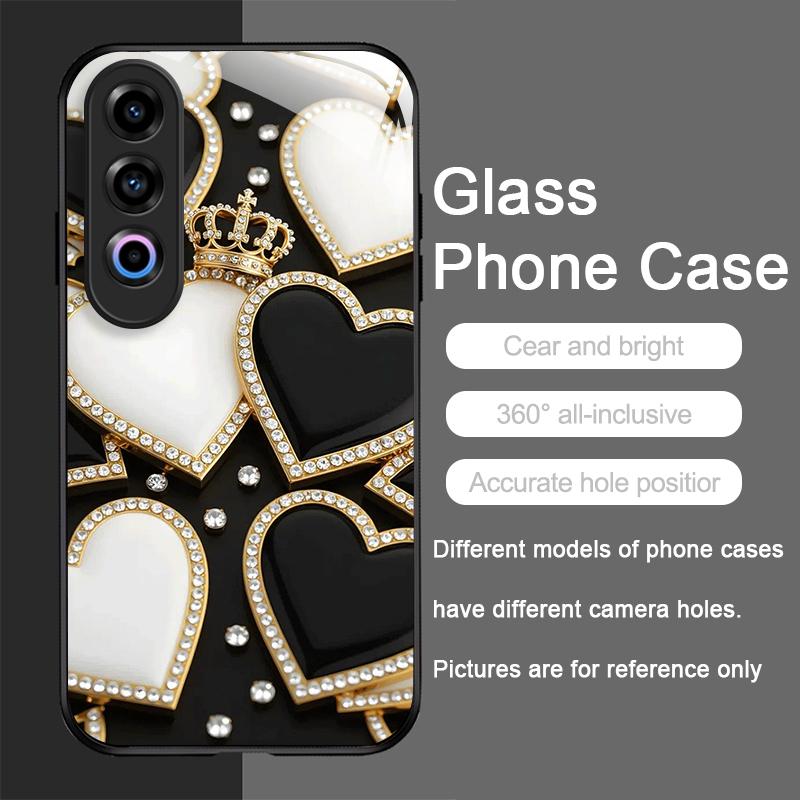 Stylish Black White Heart with Pearls Tempered Glass Phone Case for Oneplus 13R 12 11 10 9 Nord CE4 3 2 Lite ACE2 ACE3 Pro Cover