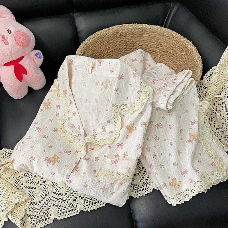 Spring New Pajamas Women's Cloud Cotton Lapel Cardigan Long-sleeved Trousers Sweet, Cute and Comfortable Loungewear Set