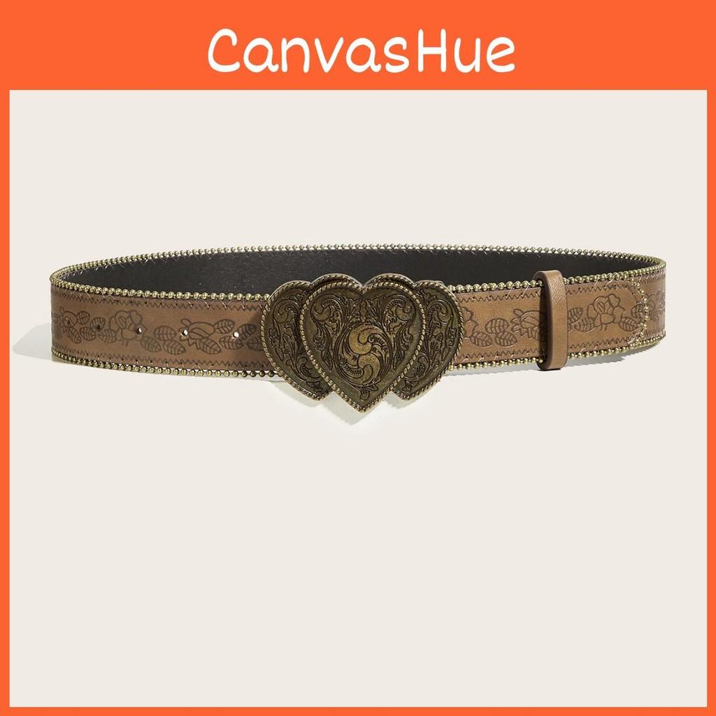 Retro Heart Shaped Alloy Buckle Leather Belt Rivet Embellishments Adult Young