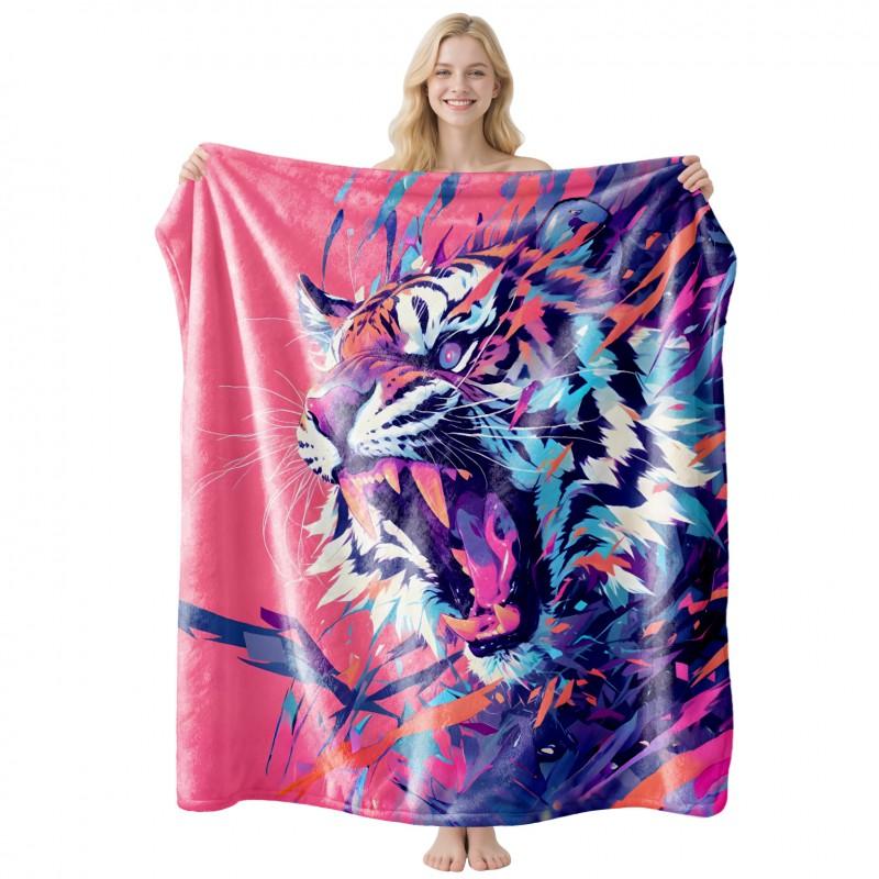 Cool Contrast Tiger Print Flannel Blanket Soft Nap Air Conditioner Throw Home