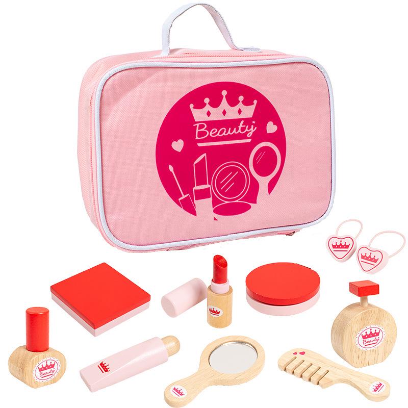 Pink Wooden Princess Makeup Bag Toy Set for Girls