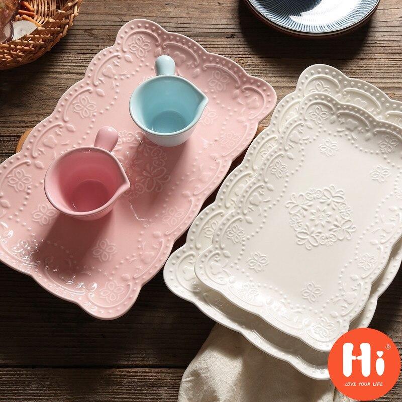 Hi Ceramic Embossed Dinner Steak Plate Breakfast Dish Afternoon Tea Fruit Dessert Tray Wedding Gift Tableware