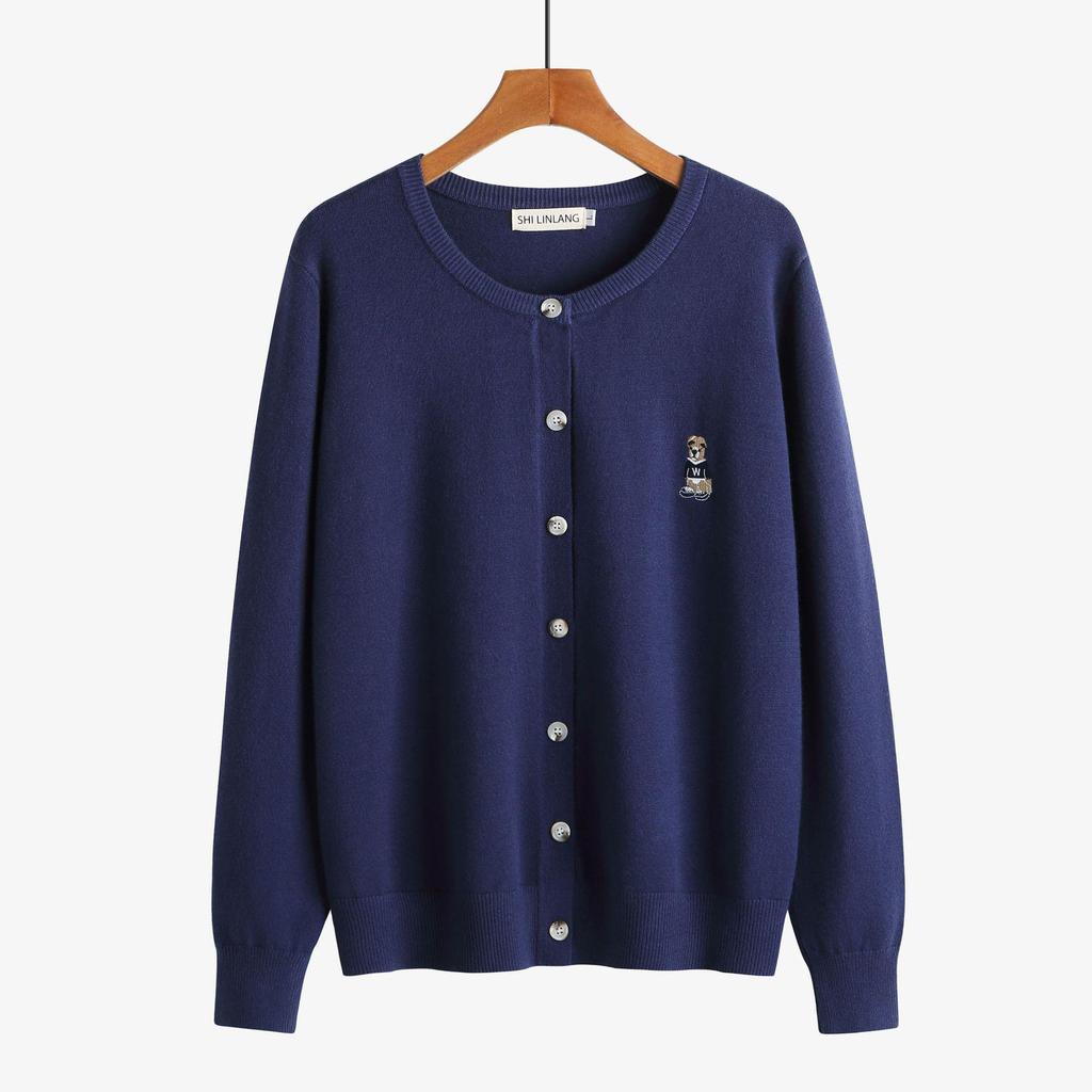 Plus Size Women's Bear Embroidery Knit Cardigan - Autumn/Winter 2026 Round Neck Thick Sweater Coat (220 Jin)
