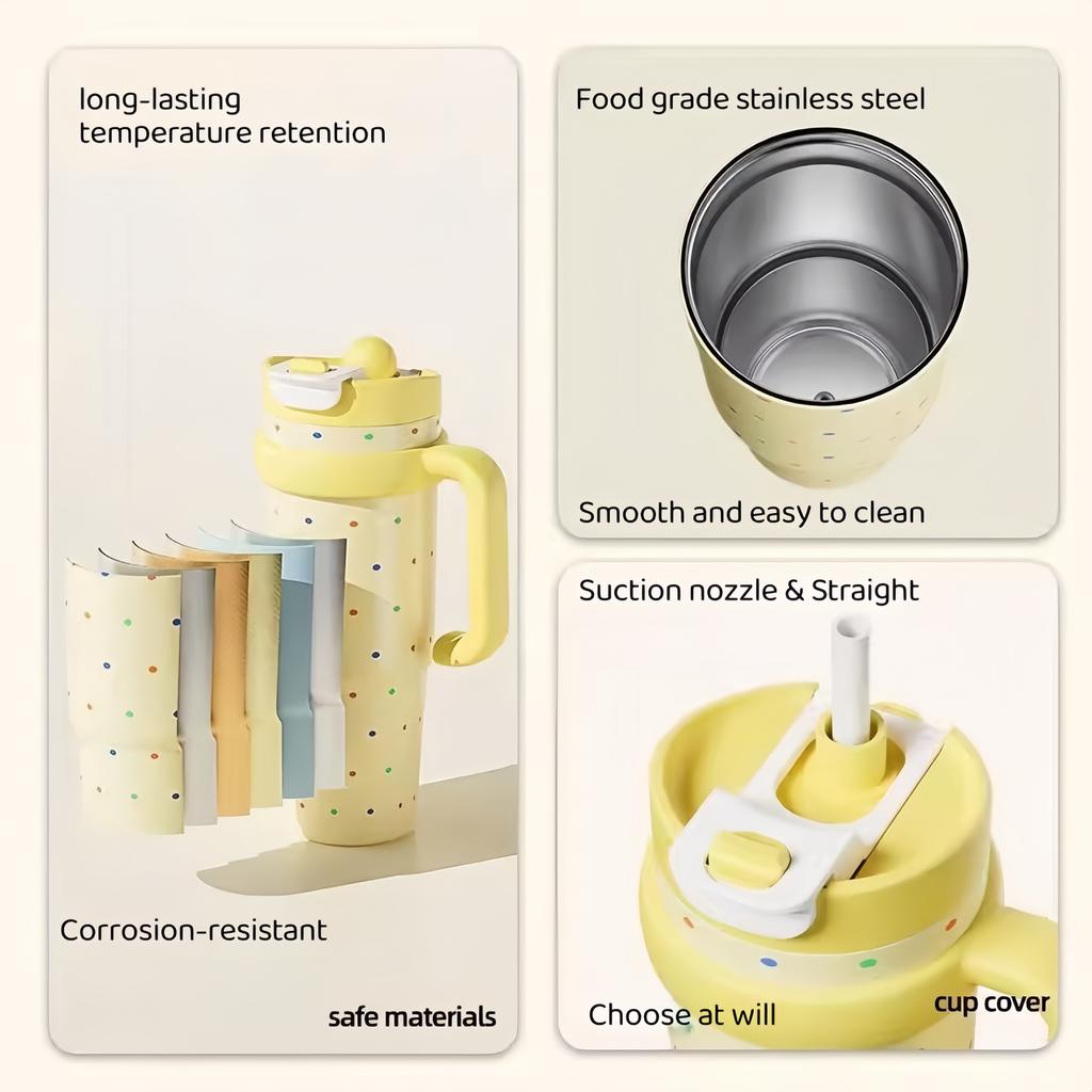 1000ML Große Kapazität Edelstahl Thermosbecher mit Strohhalm & Griff Vakuumbecher Thermo-Wasserflasche Reisebecher Hält Kalt & Heiß