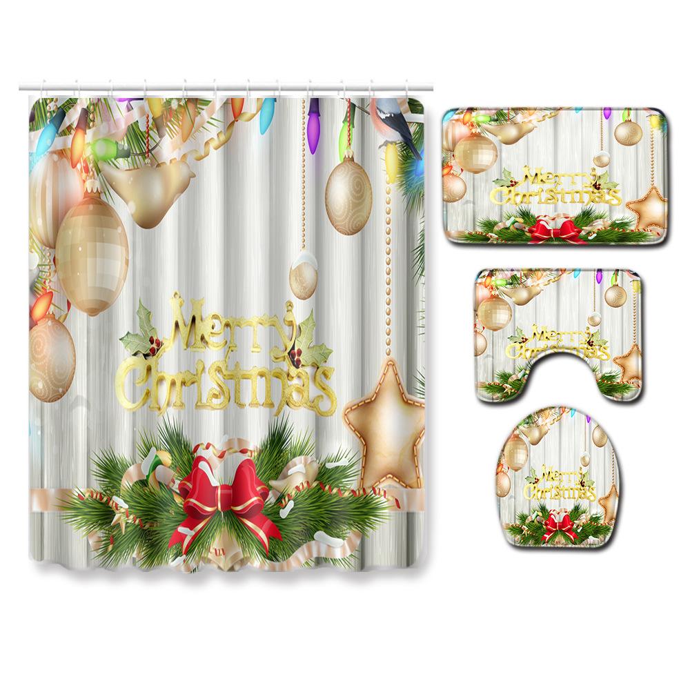 Christmas Shower Curtain Floor Mat Combination Four-Piece Set Bathroom Toilet Carpet Shower Room Mat Foot Mat