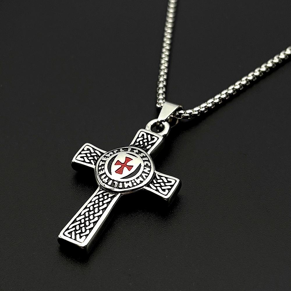 Red Enamel Knights Templar Cross Shield Pendant Necklace Stainless Steel Celtic Knot Latin Inscription Chains Amulet Jewelry