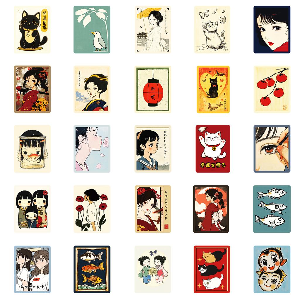 50 Stück Japanische Retro Mädchen Cartoon Aufkleber, Anime Abziehbilder für Journal, Wasserflasche & DIY Dekoration