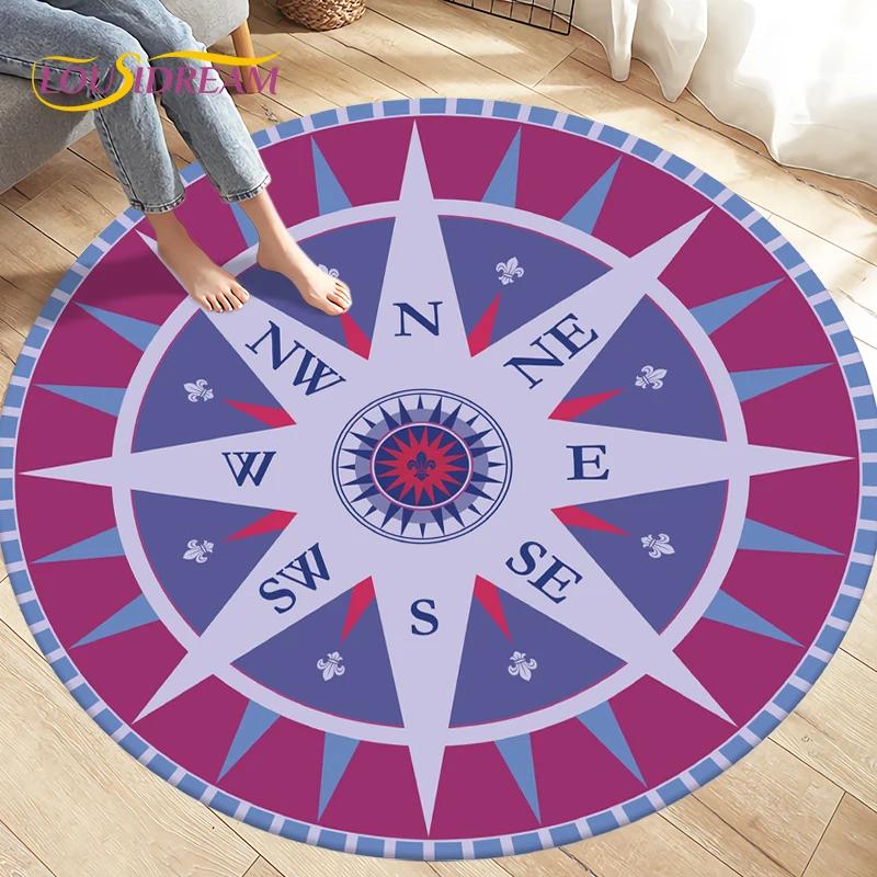Compass Round Area Rug,Retro British Navy New World Discovery Rug,Carpets for Living Room Bedroom,Kids Play Non-slip Floor Mats