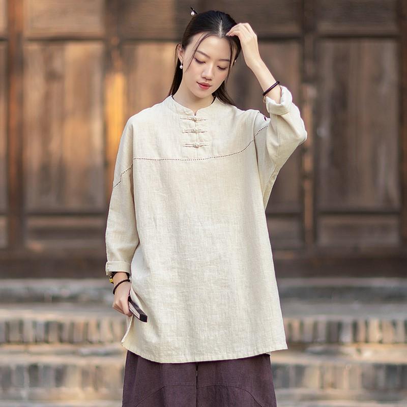 Johnature Women Vintage Shirts Tops Spring Chinese Style Solid Color Stand Long Sleeve Blouses