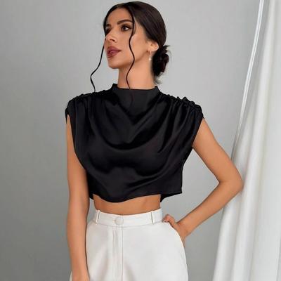 Women's Spring Summer Pleated Satin Shirt Color Ding Imitation Silk Short Shirt