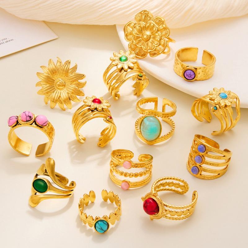 Europäischer und amerikanischer Titanstahlring mit Blumenöffnung, vergoldeter High-End-Zeigefingerring, farbenfroher, vielseitiger Ring, Schmuckgeschenk