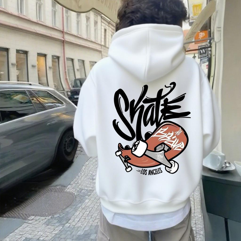 "Skate" Patterned Hoodie - a White Casual Loose Pullover, Perfect for Comfortable Wear In Spring And Autumn