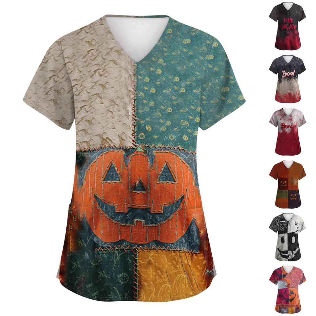 Women's Fashion Short Sleeve Halloween Print V-Neck Pocket Workwear Tops